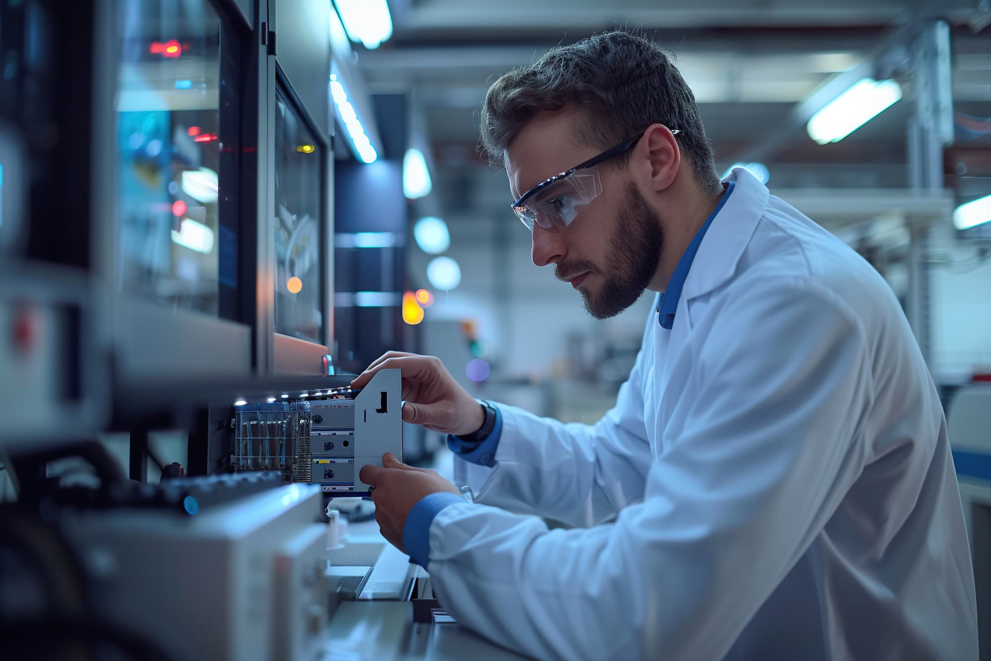 Métrologue en blouse insérant un module d'instrumentation dans son châssis, en laboratoire d'étalonnage